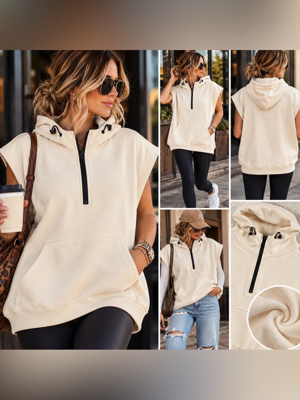 Mono B 3XL Cream Sleeveless Half-Zip Hoodie Pullover Oversized